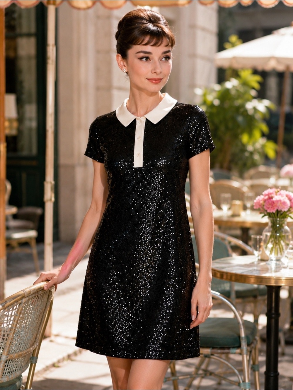 Ann Taylor Black Sequin Sheath Dress Ivory Collar Size 2 Retro Mod Cocktail